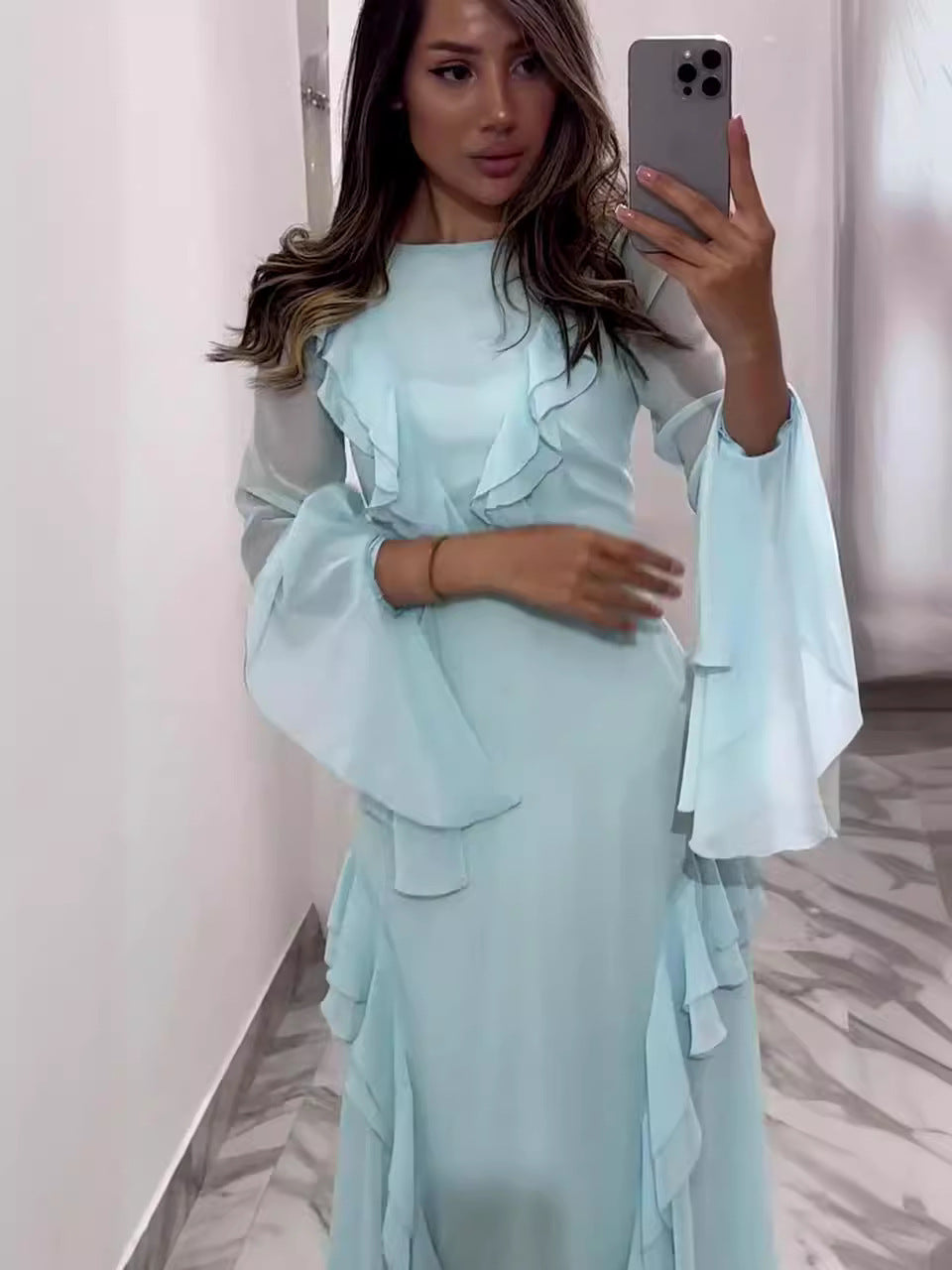 Round Neck Ruffled Long Sleeve Maxi Dress