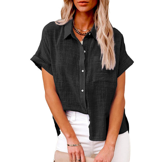 Women's Fashion Casual Cotton Linen Pocket Short-sleeved Shirt