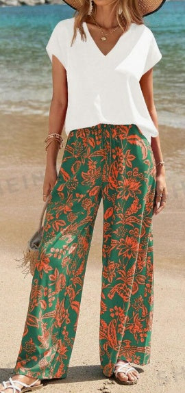 Women's Solid V-Neck Short Sleeve Top And Botanical Print Pants