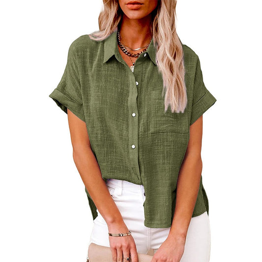 Women's Fashion Casual Cotton Linen Pocket Short-sleeved Shirt